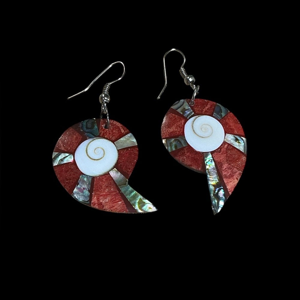 Elegant Red and Abalone Shell Spiral Earrings